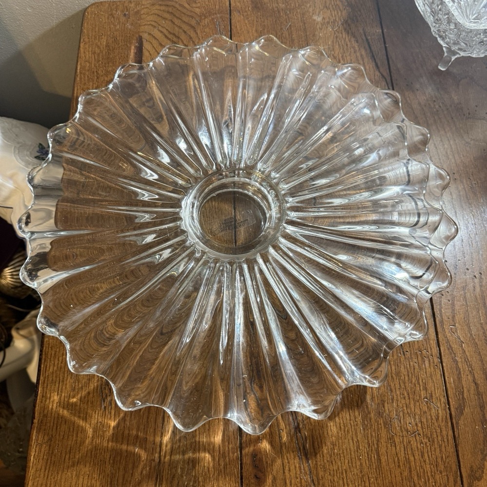 2 Vintage Torte Plate Glass 14" Low Footed Scalloped Clear Cake Serving Platters